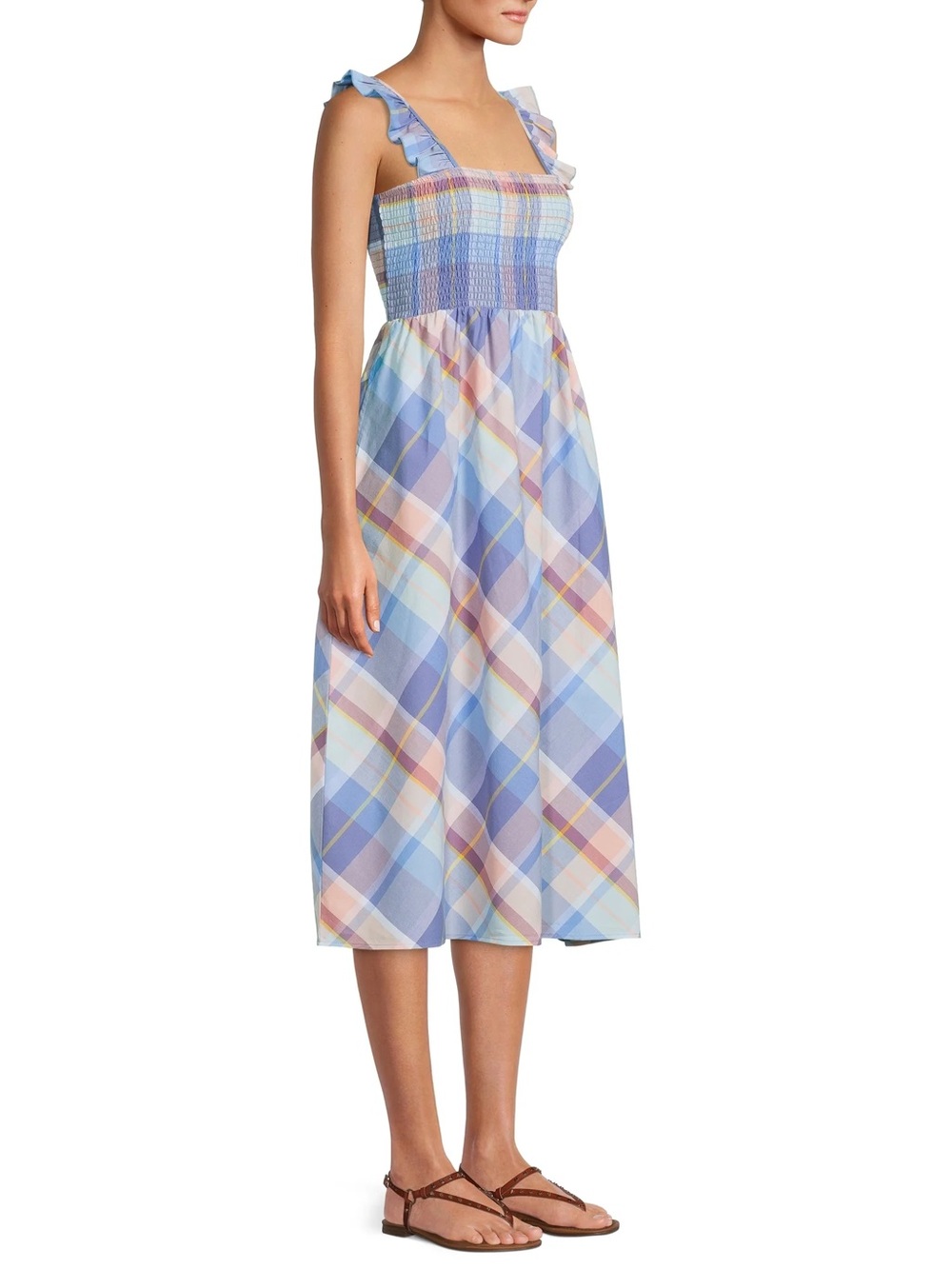 Time and Tru Size L Plaid Smocked 100% Cotton Midi Dress